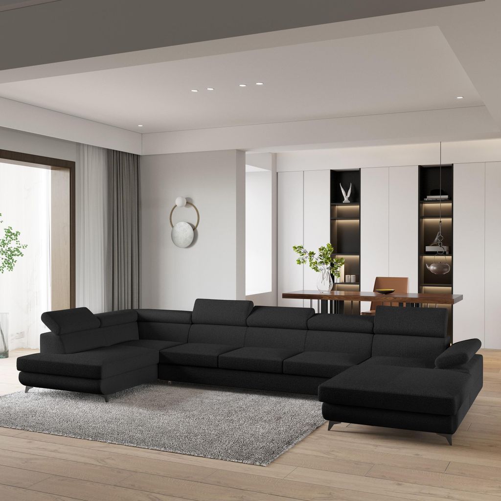Masseno Ecksofa MONTIVA mit Schlaffunktion U-Form, Sofa mit Bettkasten, Wohnzimmersofa, Couch, Soffa, Bettsofa, Couchgarnitur- Schwarz, QUELLE 100