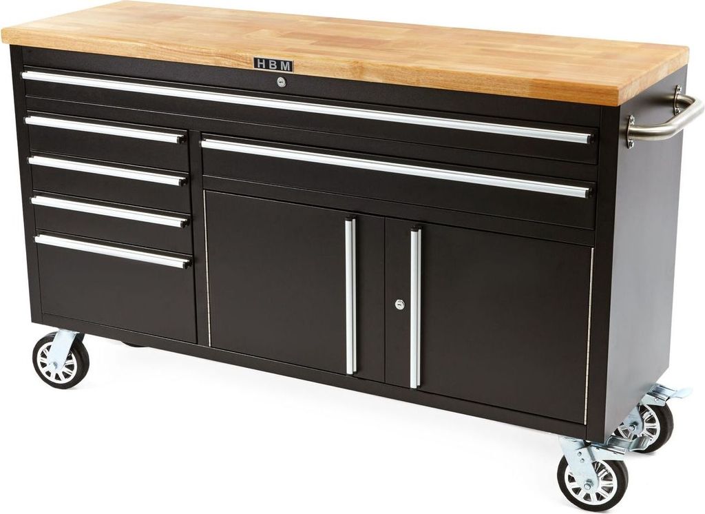 HBM 152 cm Profi-Werkzeugwagen/Werkbank mit Holzplatte – SCHWARZ