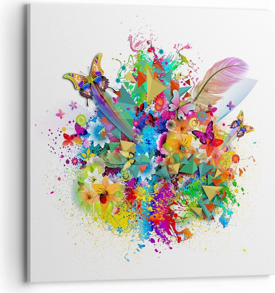 Bild auf Leinwand - Leinwandbild - Schmetterling Farbe Blume Komposition - 70x70cm - Wand Bild - Wanddeko - Leinwanddruck - Bilder - Kunstdruck - L...