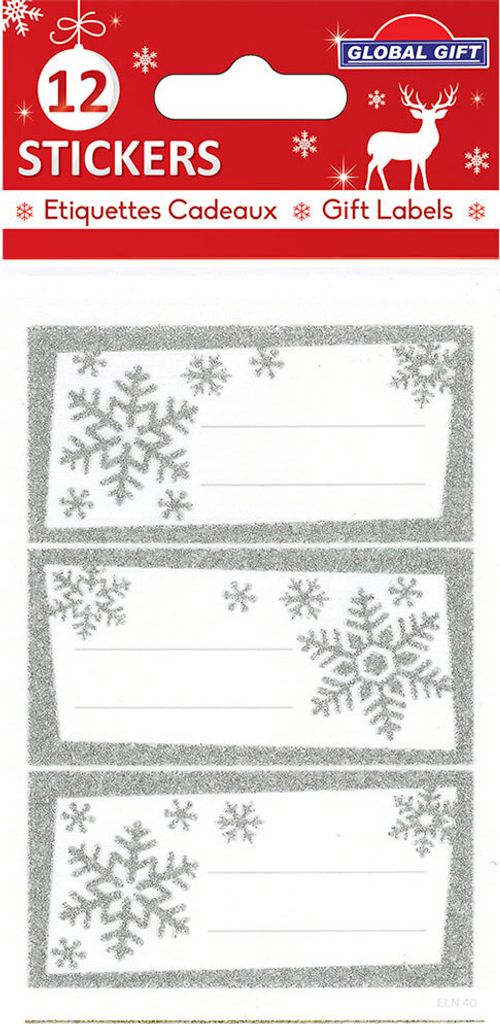 12 Weihnachtsetiketten - Silberne Schneeflocken mit Glitter