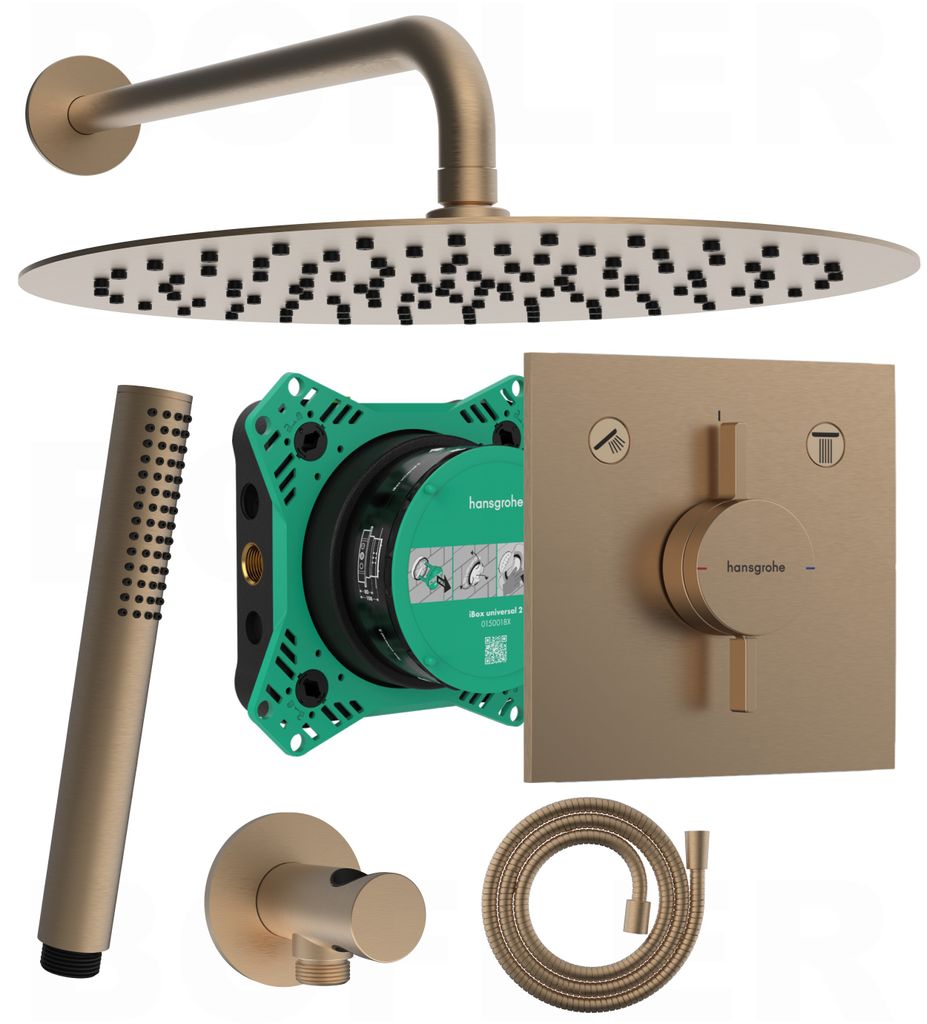 A collection of shower system components laid out on a white background.