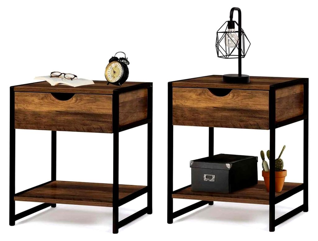 2er Set Nachttische Hawkins mit 1 Schublade und Ablage aus dunklem Holz im Industriedesign