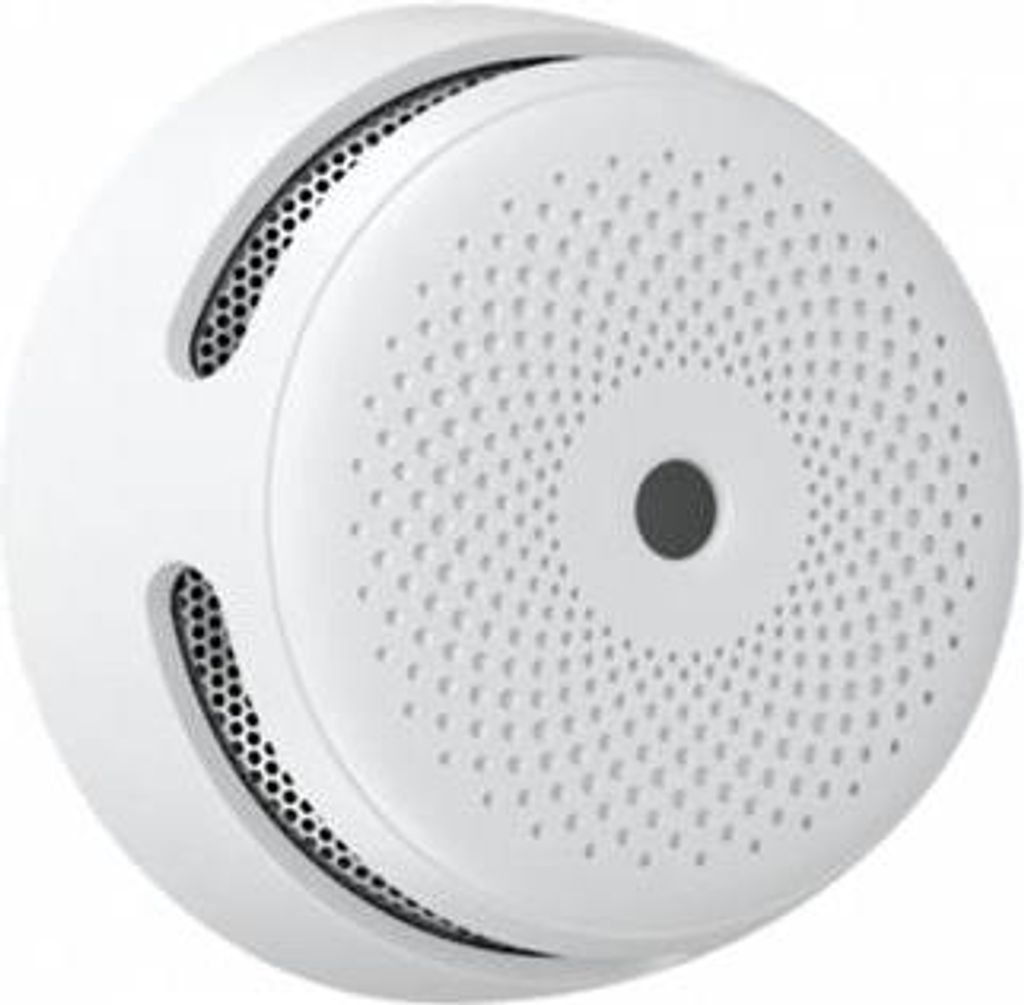 A white smoke detector is shown from a slightly elevated side angle against a white background.