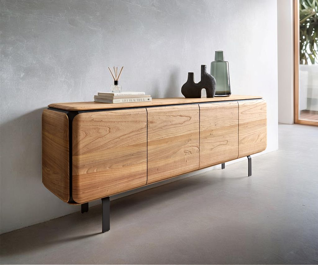 DELIFE Sideboard Giacinto 180 cm Ulme Natur 4 Türen L-Fuß Schwarz