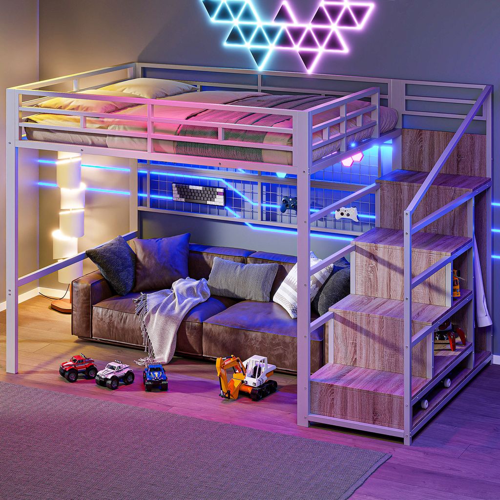 Merax Hochbett 140x200 cm mit Kleiderschrank und LED-Beleuchtung, Jugendbett Loftbett mit Stauraumleiter aus Metall, Doppelbett Weiß