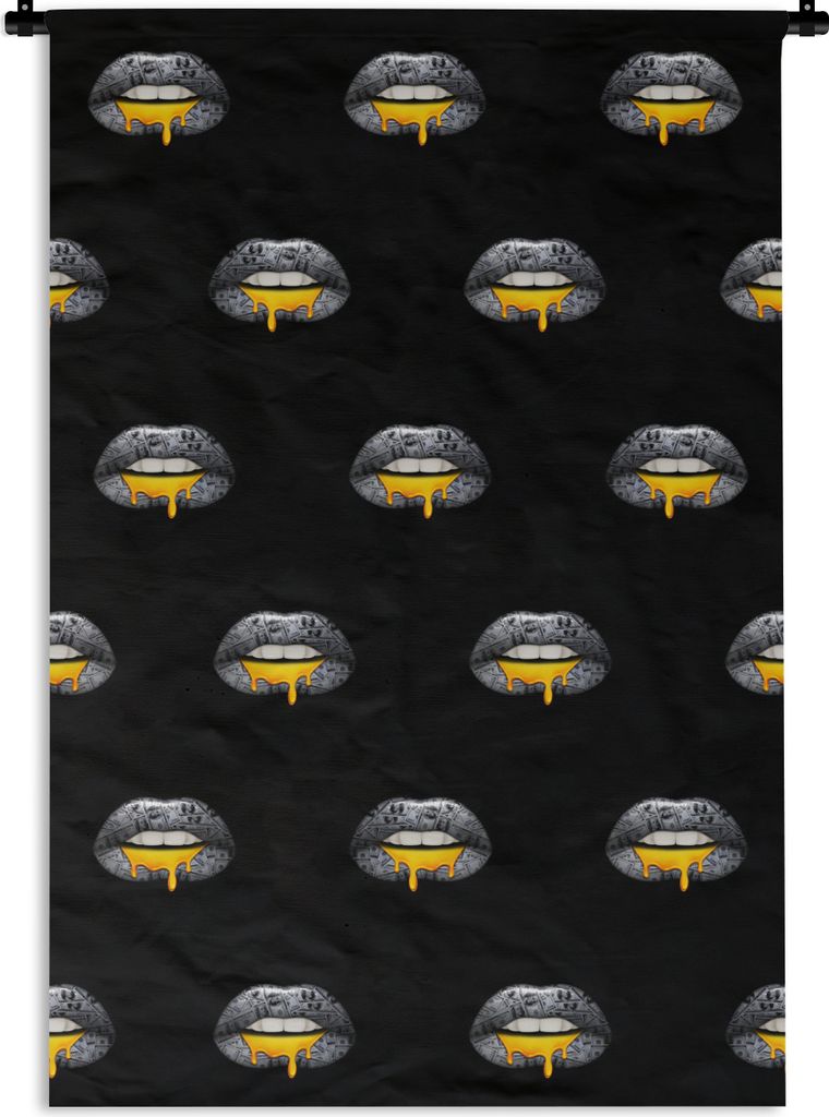 MuchoWow Wandteppich Wandbehang Lippen - Gold - Muster 90x135 cm Tapisserie Dekoration Wandtuch - Baumwolle - Wandskulptur