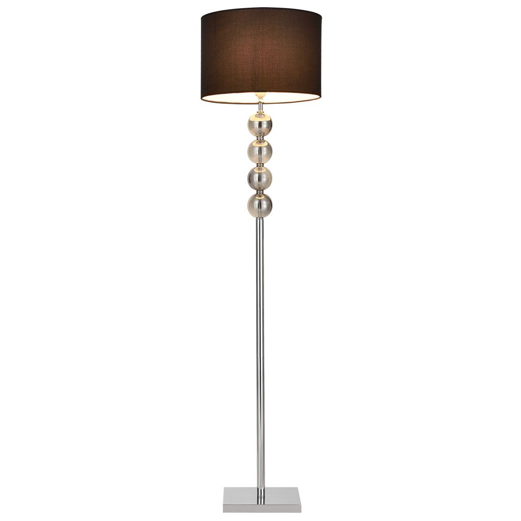 A floor lamp with a black shade and a silver stem decorated with spherical elements.