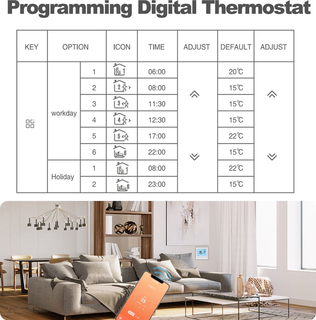 8X digitální LCD Tuya WiFi pokojový termostat, Obrázek produktu 10