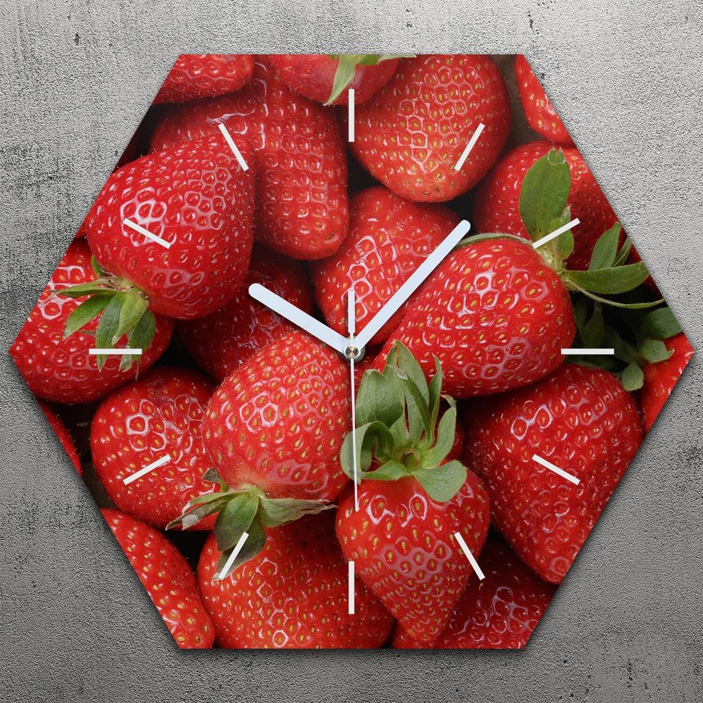 Uhr hexagonal 40 cm Glas Geräuschlos weiße Zeiger - frische Erdbeeren