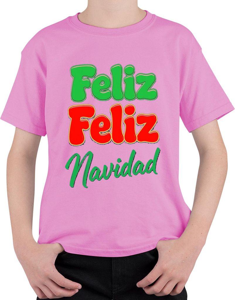Feliz Feliz Navidad spanischer Weihnachtsgruß Retro Bunt Lustig Uni Kinder T-Shirt, Pink, 104