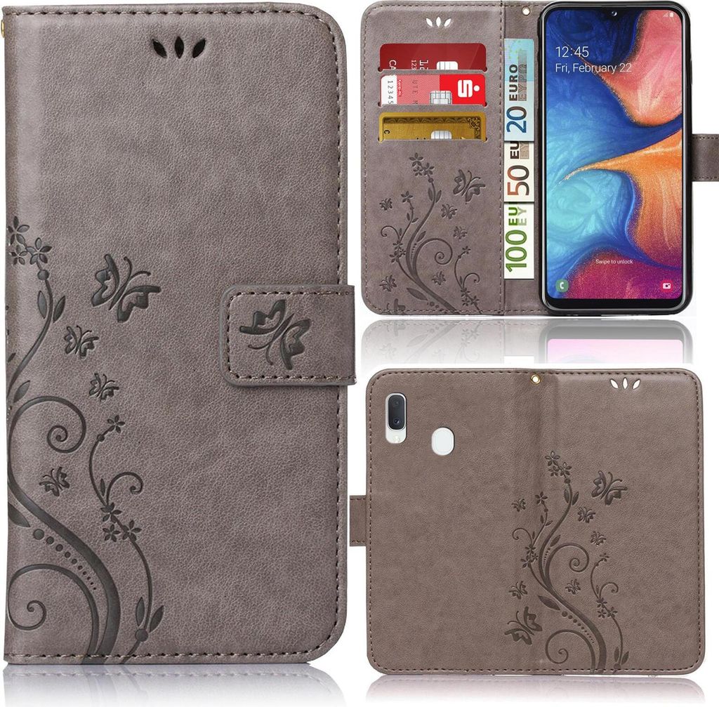 Handy Tasche für Samsung Galaxy A20e Schutz Hülle Handyhülle mit Blumenmuster Klapp Hülle mit Standfunktion und Kartenfächer Grau