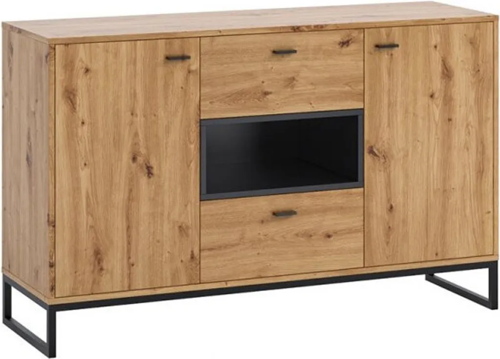 Buffet bas Commode BEND bicolore noir et bois avec grands tiroirs