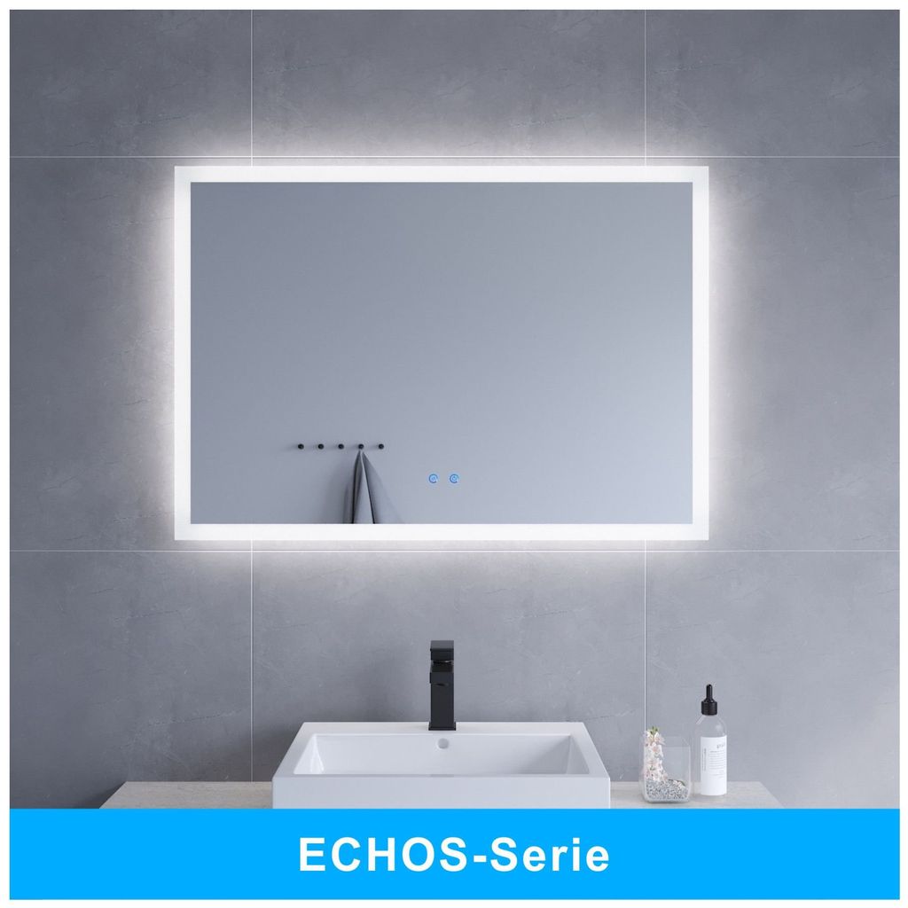 AQUABATOS ECHOS-Serie 100x70 cm LED Badezimmerspiegel Beleuchtet Kaltweiß Licht 6400K Dimmbar Touch Beschlagfrei Badspiegel mit Beleuchtung lich...