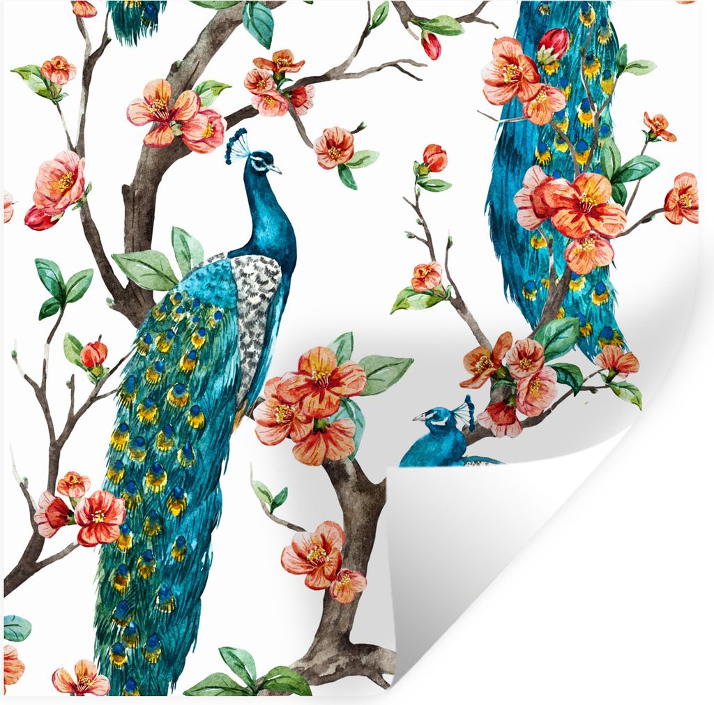 MuchoWow Wandtattoo Wandsticker Wandaufkleber Muster - Pfau - Blüte 50x50 cm Selbstklebend und Repositionierbar - Selbstklebend - Fototapeten