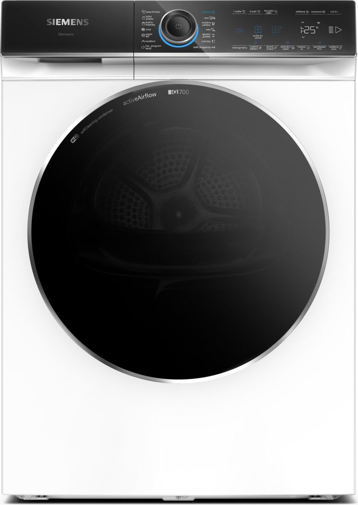 A front view of a white Siemens washing machine with a black door and a control panel at the top.