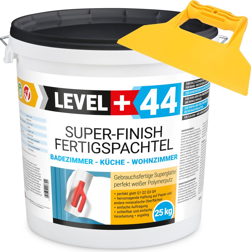Super Finish Fertigspachtel Q1-Q4 Spachtelmasse 25kg Perfekt Glatt Weiß Innenbereich + Kunststoffspachtel Fugenspachtel ohne Zahnung Set RM44