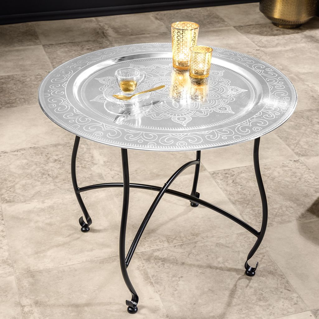riess-ambiente Runder Couchtisch MARRAKESCH 60cm silber Teetisch abnehmbares Tablett klappbar Beistelltisch Tisch Ablage