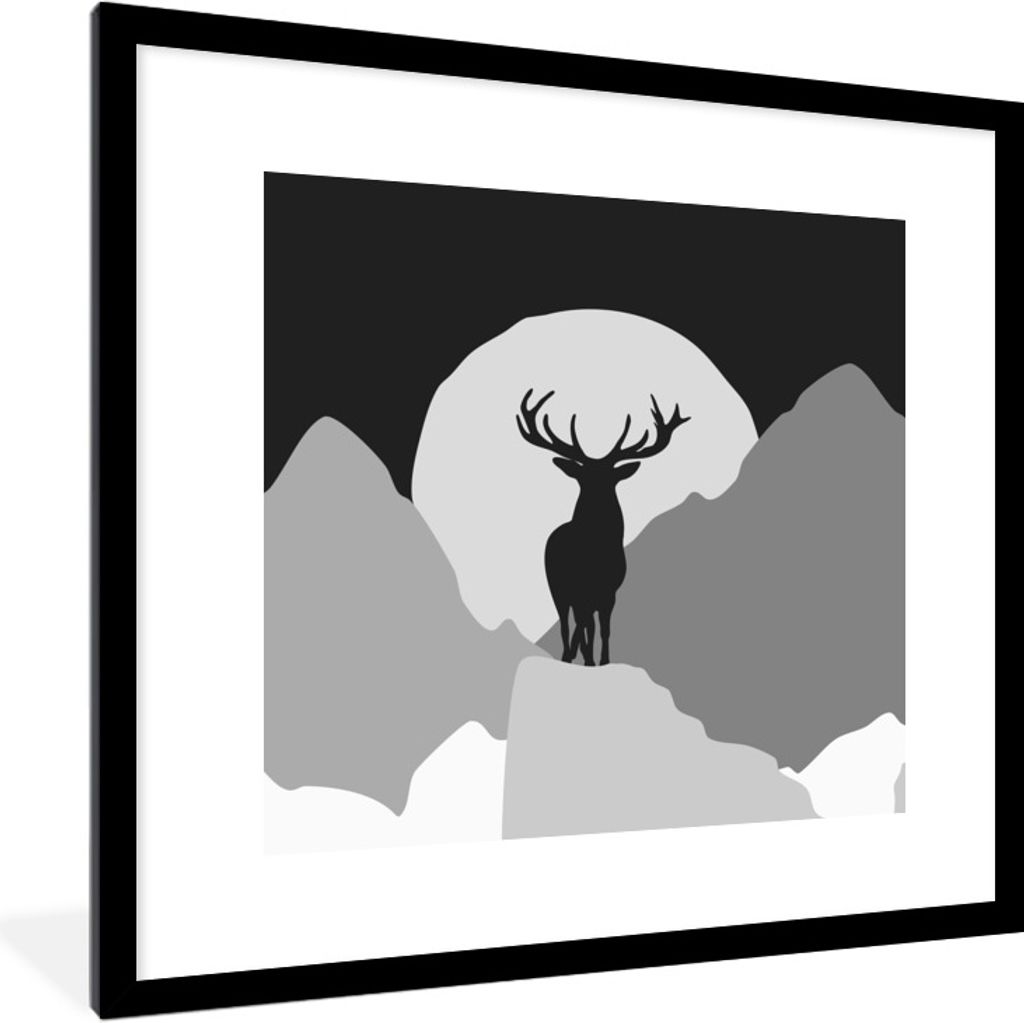 MuchoWow Gerahmtes Poster Hirsch - Mond - Schwarz - Weiß 40x40 cm - Poster mit Schwarzem Bilderrahmen Wandposter Rahmen Foto Bilder - Poster - P...