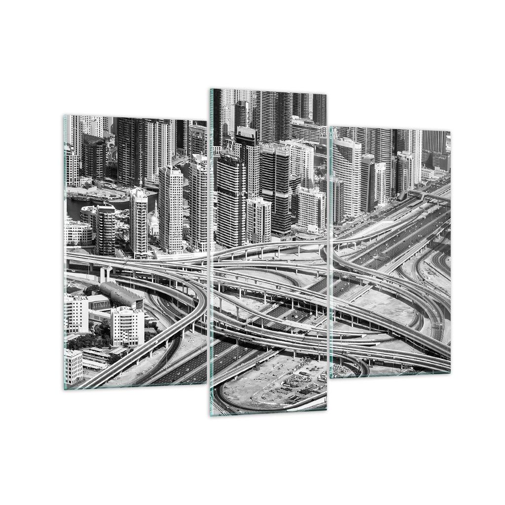 Bilder auf glas - 3 Teile - Stadt Wolkenkratzer Autobahn - 130x100cm - Glasbilder - Wandbilder - Bilder - Wanddekoration aus Glas - Glas Bilder - W...