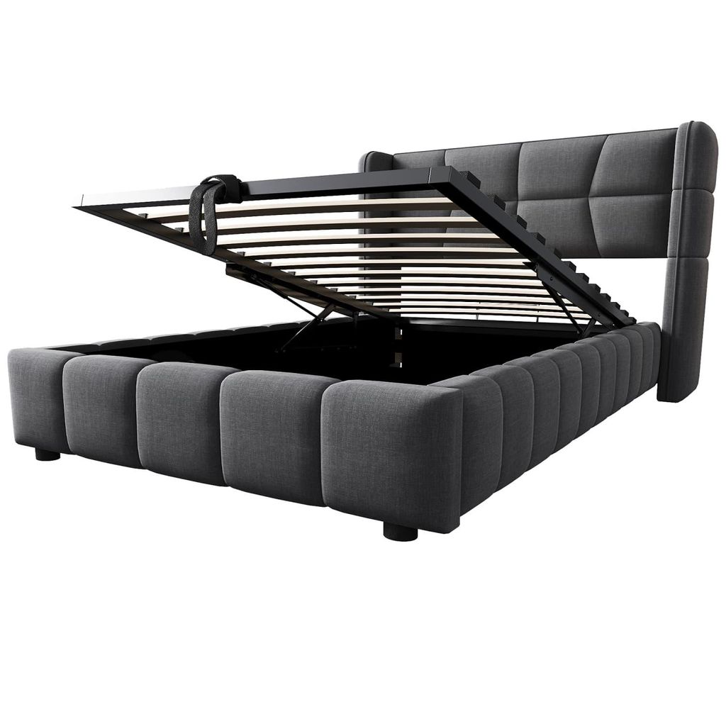Polsterbett 90 x 200 cm,Kinderbett mit Lattenrost,Kopfteil und pneumatischem Stauraumsystem, Leinenrahmen, geeignet für Kinder und Jugendliche,Grau