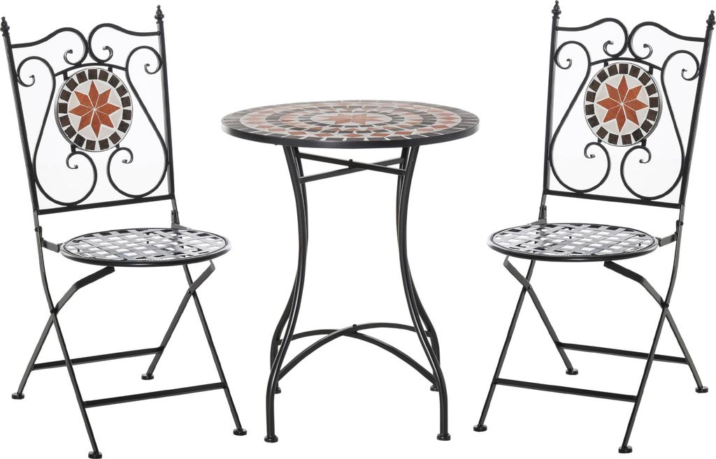 Gartenset Balkonmöbel Set für 2 Personen Mosaiktisch 2 faltbare Stühle Metall Mehrfarbig