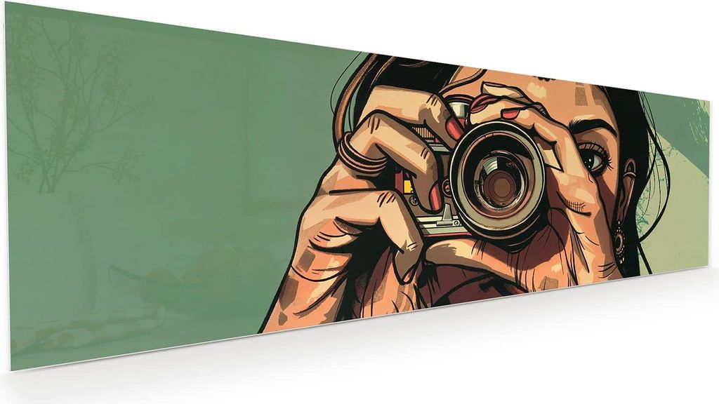 Glasbild 120x40cm in XXL für Wohnzimmer, Schlafzimmer Motiv Frau Mit Kamera