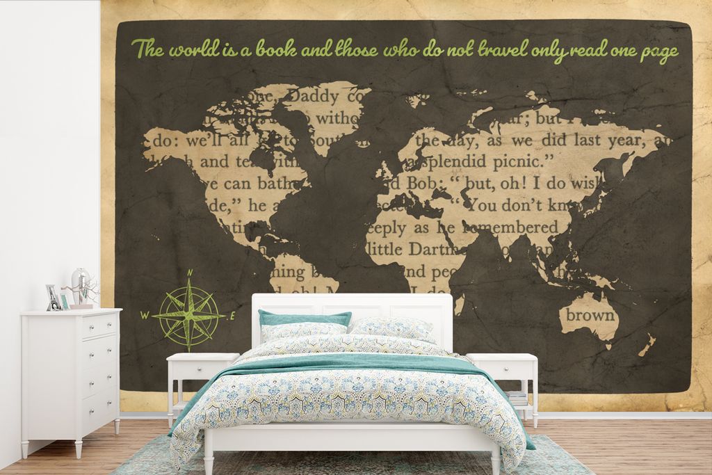 MuchoWow Fototapete für Wohnzimmer oder Schlafzimmer Wandtapete Vinyl Motivtapete Weltkarte - Zitat - Buch - 420x280 cm - Zimmer für Kinder