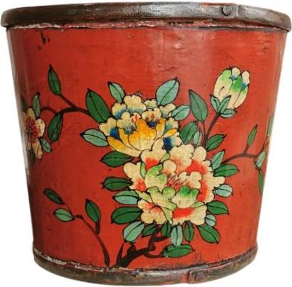 Fine Asianliving Antique Chinese Wooden Handpainted Basket Red D28xH25cm