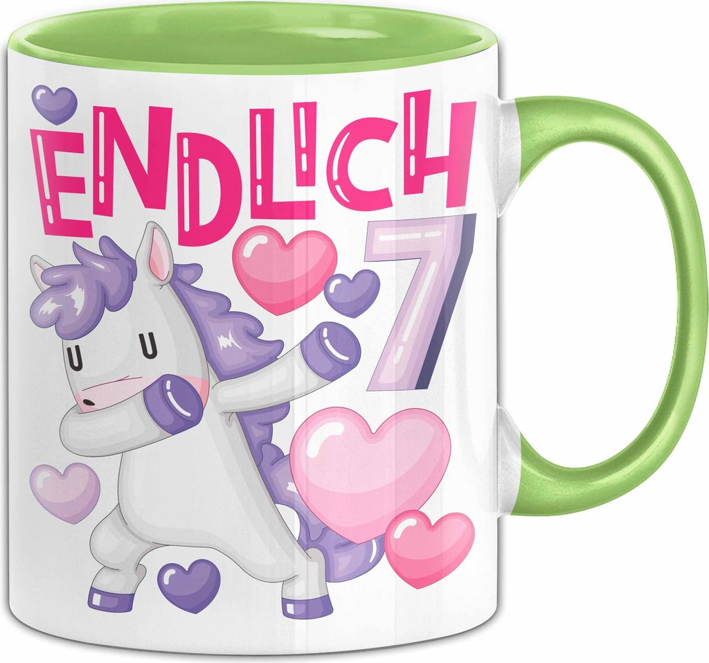 7. Geburtstag Geschenk Tasse Becher Mädchen Einhorn Geburtstagsgeschenk Tochter Endlich 7 (Grün)