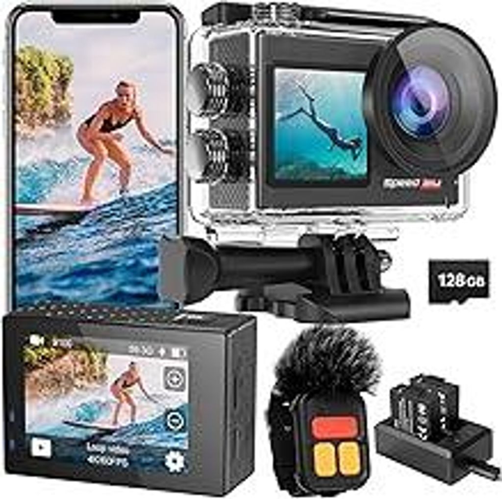 128G Action Cam 4K60FPS 40MP WiFi Unterwasserkamera 40M Wasserdicht Ultra HD Touchscreen Actioncam 170° Ultra-Weitwinkel, EIS Stabilisierung, 5X Z...