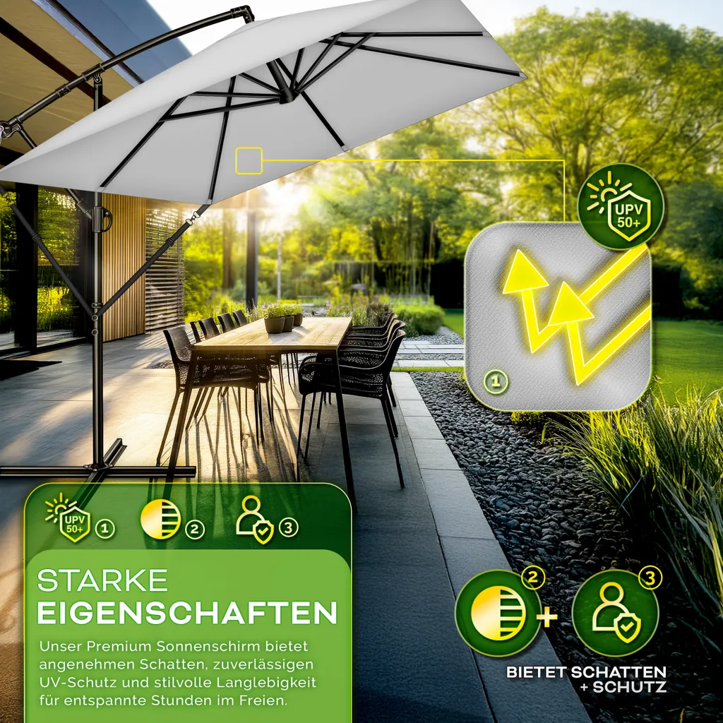 tillvex® Ombrellone in alluminio rettangolare Ø 330 cm grigio + copertura con manovella | Ombrellone quadrato con supporto e parabrezza | Ombrellone da giardino in alluminio con protezione UV | Ombrellone a manovella impermeabile ruotabile a 360 gradi - 2