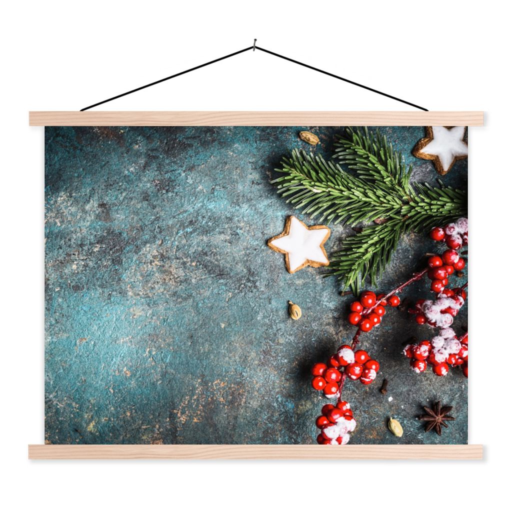 MuchoWow Textilposter Weihnachten - Rustikal - Zweige - Sternanis - Beeren - Rot 60x45 cm mit holzfarbenen Rahmen - Bild
