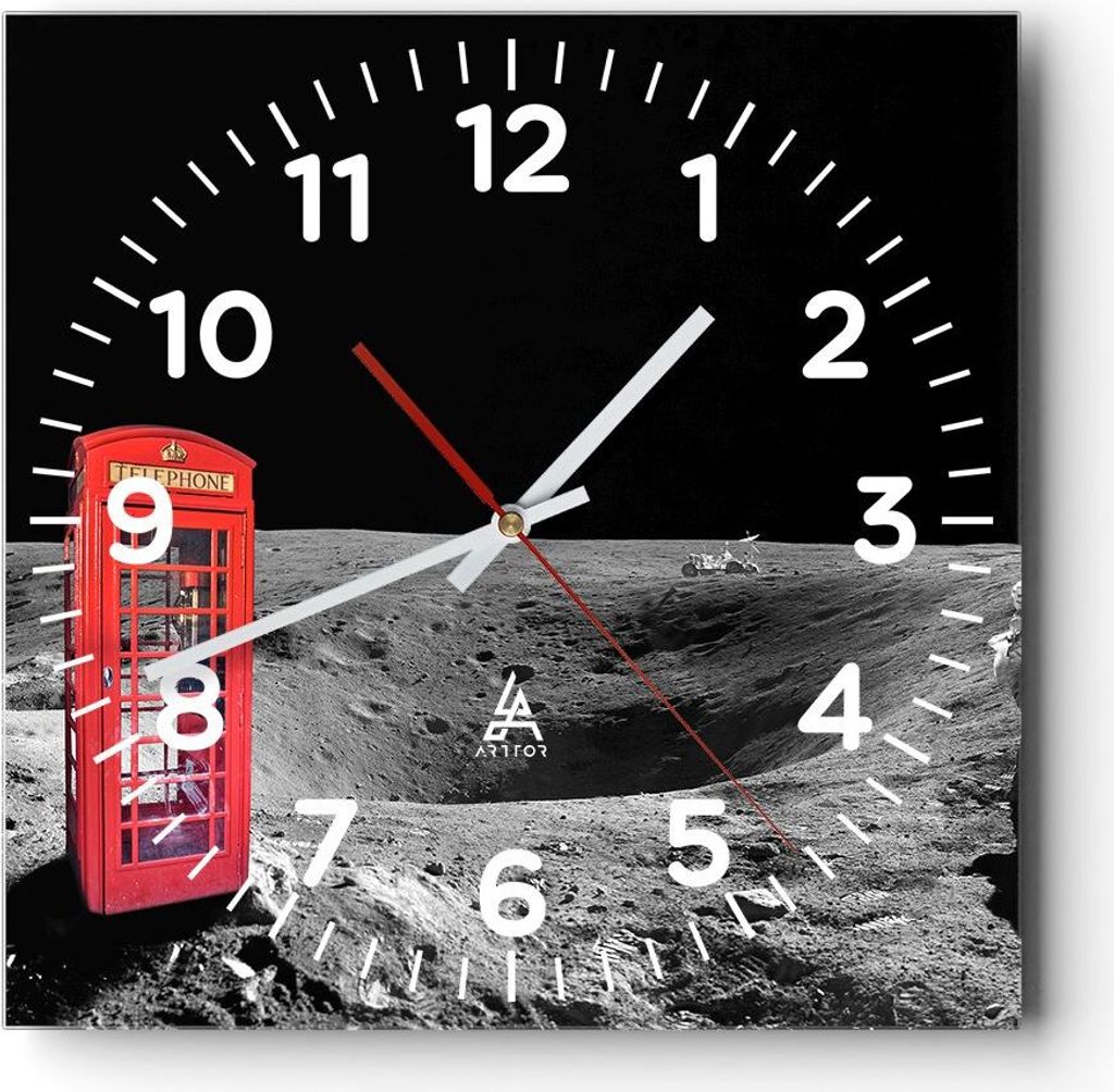Wanduhr - Quadrat - Glasuhr - Telefon london Mond Astronaut - 30x30cm - Schleichendes Uhrwerk - Lautlos - zum Aufhängen bereit - Dekoration Modern...