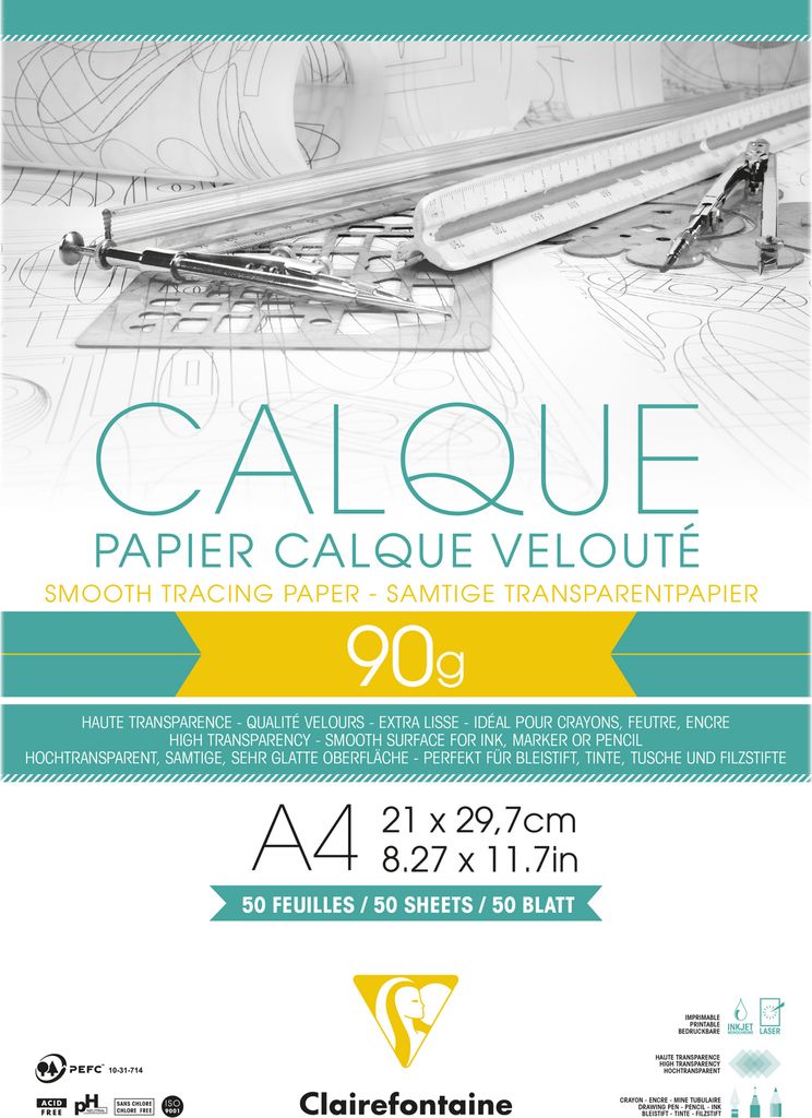 Clairefontaine Transparentpapier, Block geleimt mit 50 Blatt A4, 90/95g 97133C