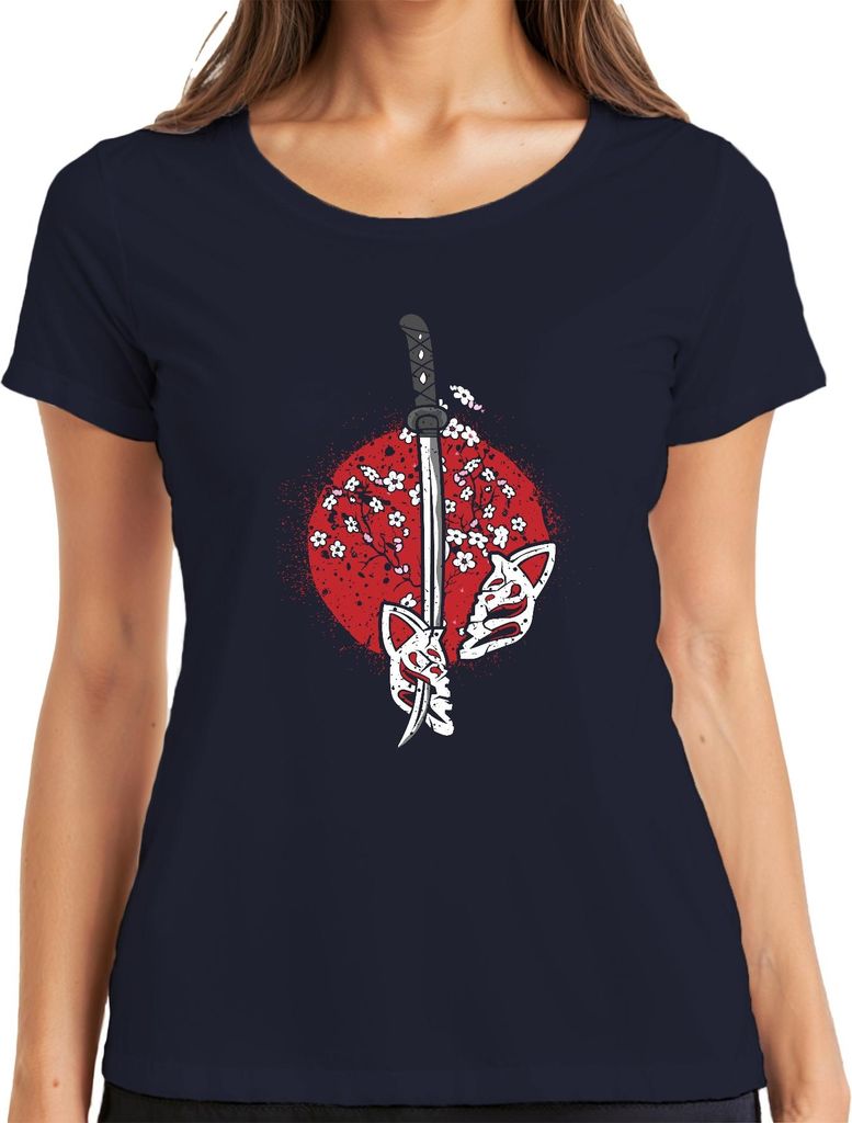 Katana Samurai Kitsune Maske Sakura Kirschblüten Japan Sonne Damen T-Shirt, Navy, S