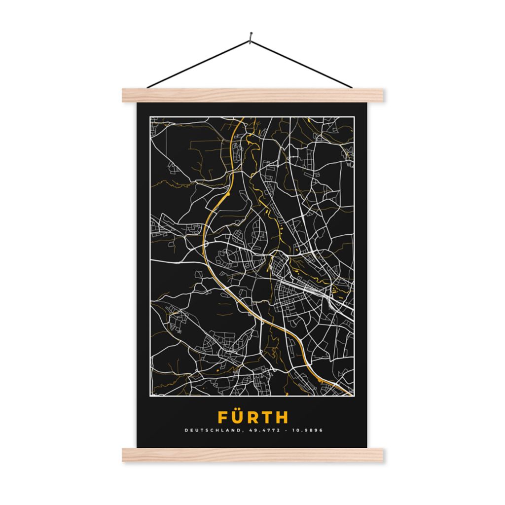 MuchoWow Textilposter Schwarz und Gold - Stadtplan - Fürth - Deutschland - Karte 120x180 cm mit holzfarbenen Rahmen - Textil-Plakat