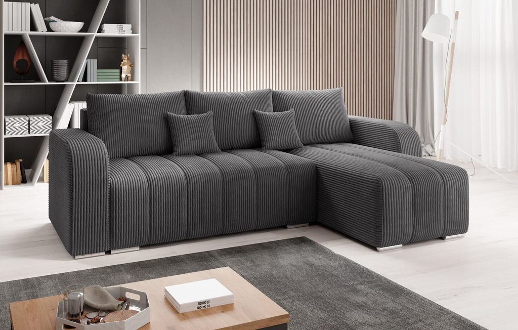 Easy4You Ecksofa Pufetto Graphite Kord L-Form – 245x86x147 cm - Schlafsofa mit Bettkasten und Schlaffunktion - Eckcouch mit Stauraum – Stoff K...
