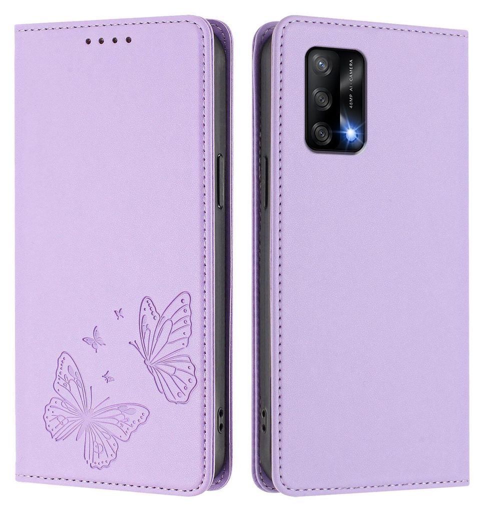 Lederhülle für Oppo A74 4G/A95 4G/F19/F19s, Schmetterling Prägung Leder Brieftasche Schutzhülle mit Ständer Violett