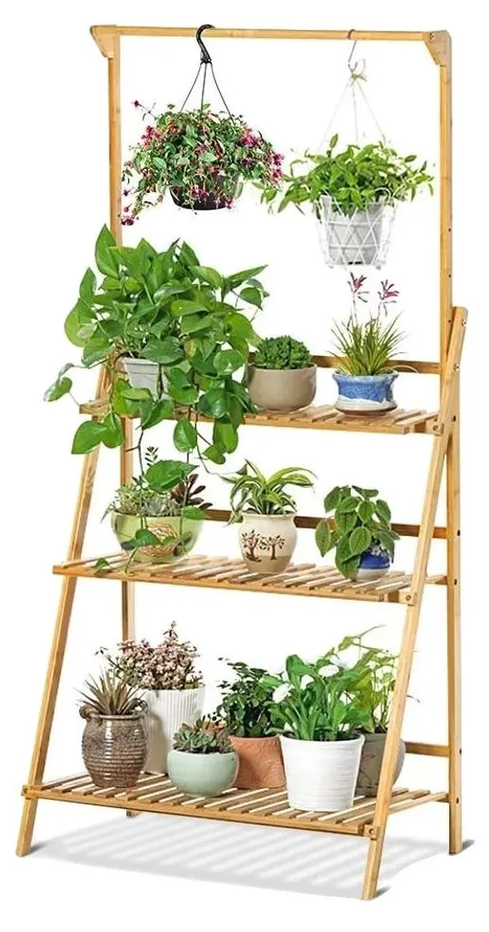 Étagère à plantes bois naturel à 3 niveaux avec design pliable compact