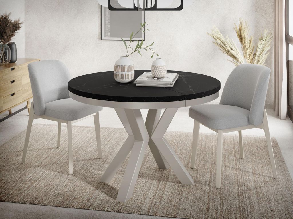 Runder Ausziehbarer Esstisch im Loft-Stil - Industrieller Tisch in Schwarzer Marmoroptik Grau-Beige Beinen - für Wohnzimmer - Marmor Schwarz - 100...