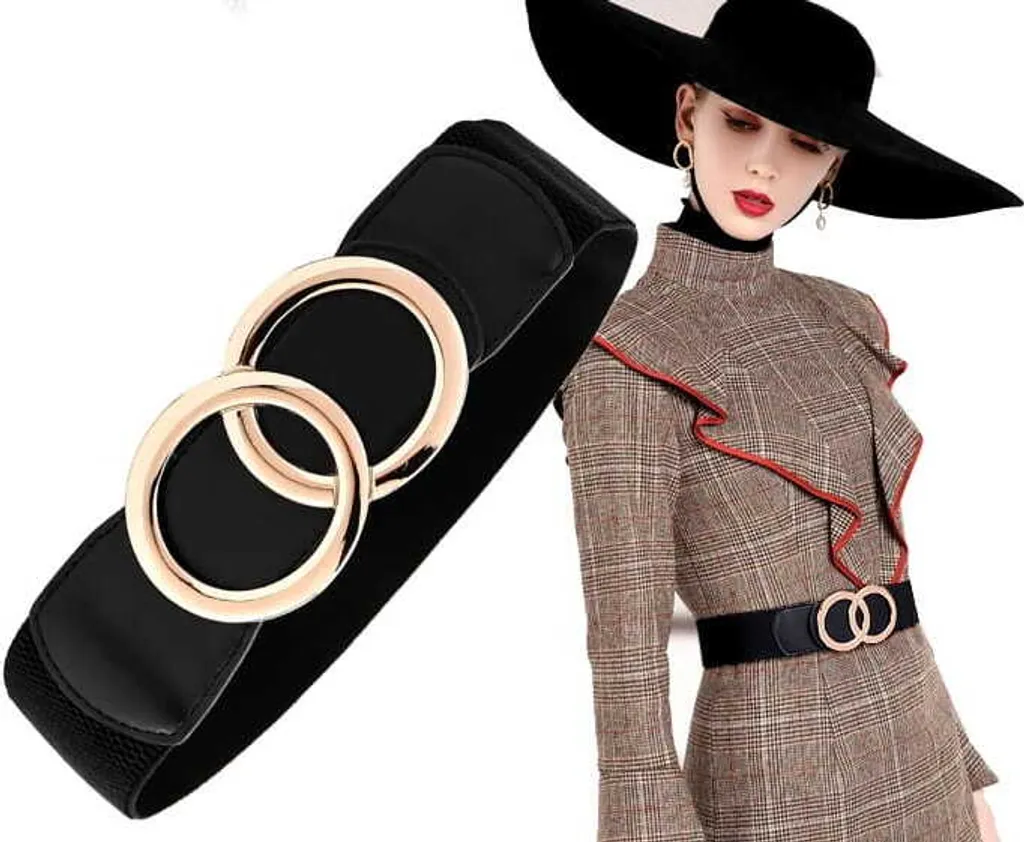 Cintura Vita Alta Donna Elegante con Doppia Fibbia Oro e Nero