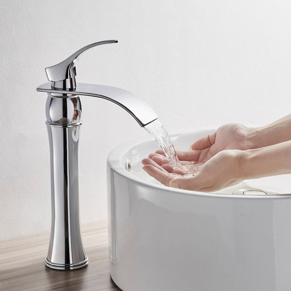 Waschtischarmatur Hoher Wasserfallauslauf für Badezimmer-Waschtischmischbatterie (Chrom)