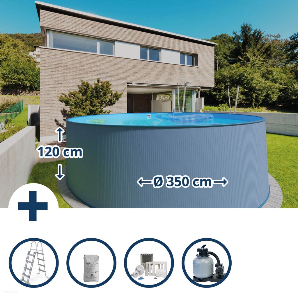 Stahlwandpool Set (5-teilig) rund 350x120cm, Stahl 0,4mm Produktbild 