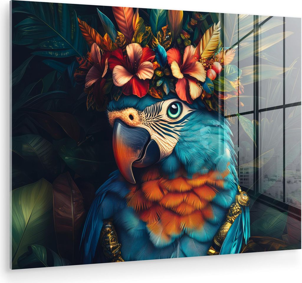 MuchoWow Glasbilder - Bilder auf Wandbild - Foto auf Glas Papagei - Vogel - Bunt - Blumen - Blätter 40x30 cm Wanddekoration aus Glas - Acrylglasbi...