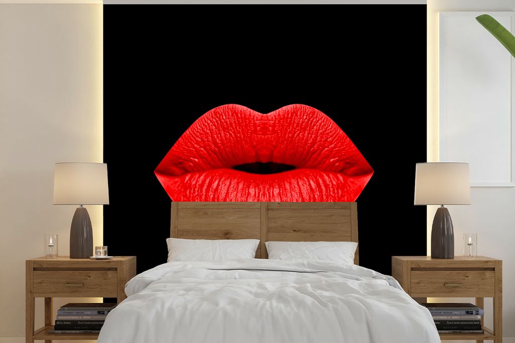MuchoWow Fototapete für Wohnzimmer oder Schlafzimmer Wandtapete Vinyl Motivtapete Lippen - Rot - Schwarz - 300x300 cm - Wanddekoration