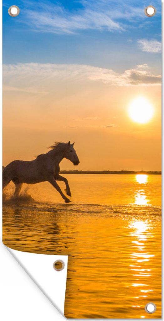 MuchoWow 30x60 cm Outdoor-Poster Gartendeko Sichtschutz Garten Poster für den Garten In den Sonnenuntergang galoppierende Pferdeherde in der Ca...