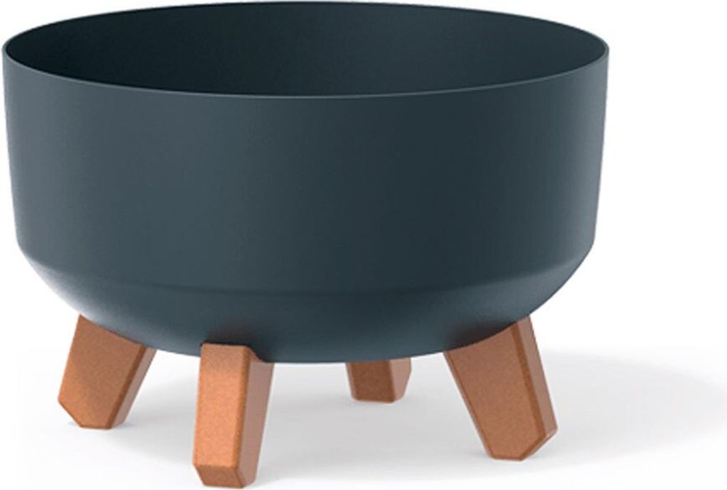 A dark gray planter with three brown legs, shown against a white background.