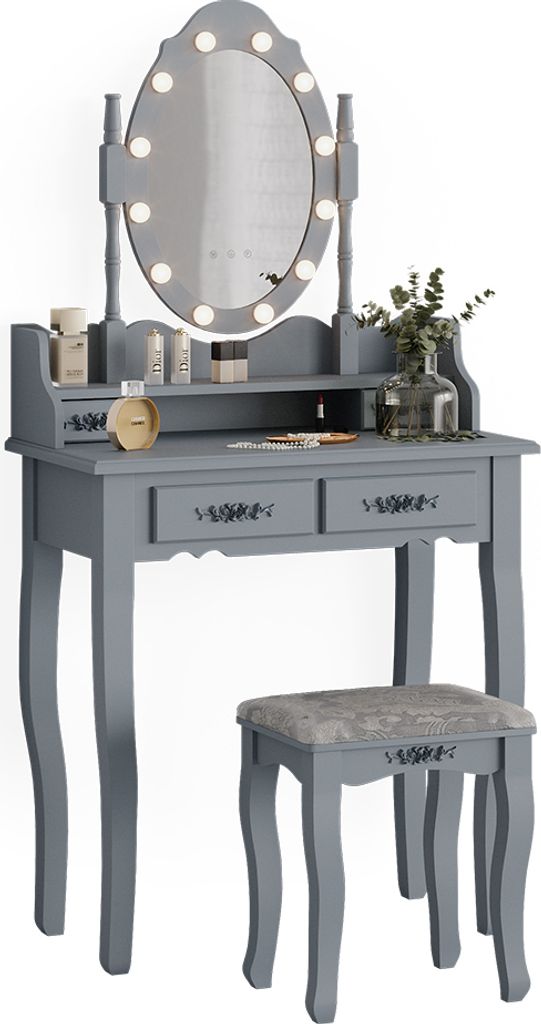 A gray vanity table with a lighted mirror and a stool, set against a white background.