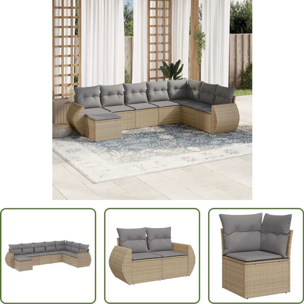 The Living Store 8-tlg. Garten-Sofagarnitur mit Kissen Beige Poly Rattan