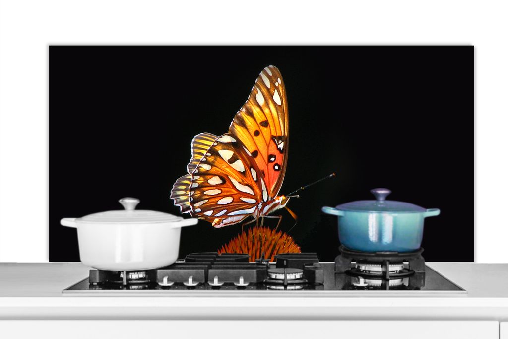 KitchenYeah Spritzschutz Küche - Küchenrückwand - Wandschutz für Herd und Spüle - Schmetterling - Blumen - Insekt - Porträt - Schwarz - Ora...